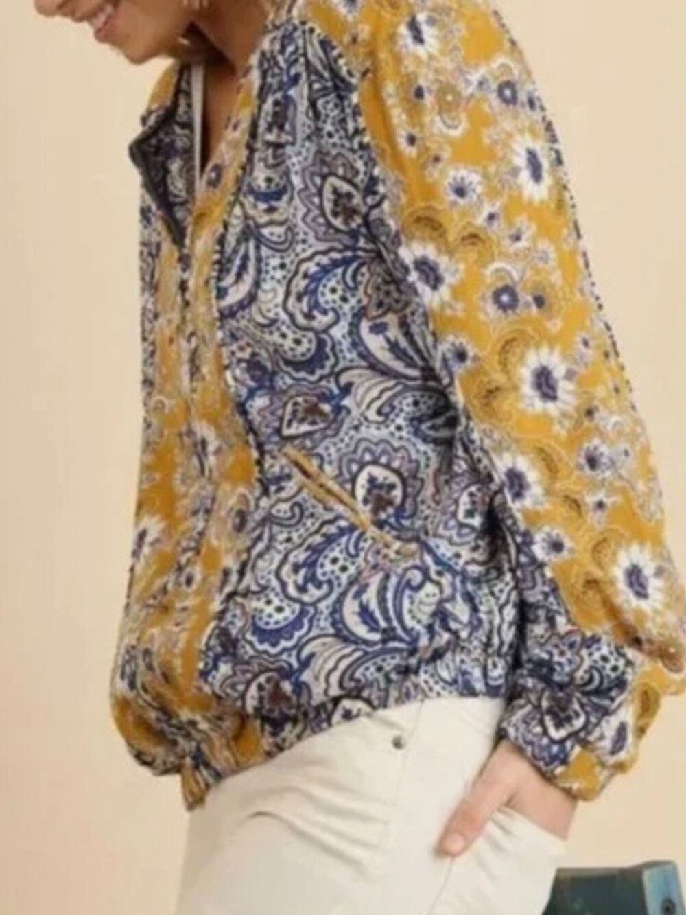 Umgee Priscilla Paisley Zip Up Bomber Jacket - Yellow & Blue Floral - S - Picture 2 of 11